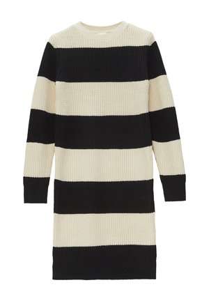 Strikket langærmet kjole med brede, vandrette sorte og off-white striber samt rund halsudskæring.