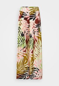 Pantalones de pierna ancha en tejido ligero con un patrón multicolor de hojas tropicales en verdes, rosas, marrones y negros. Diseño plisado.