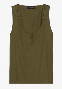 Olijfgroene mouwloze tanktop van zacht materiaal. Heeft een ronde halslijn en een sleutelgatdetail aan de voorkant met een decoratieve kraalaccent.