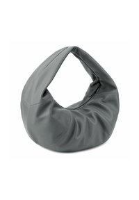 Borsa hobo in pelle grigia con un design morbido e sformato. Presenta una forma curva, cuciture minime e una singola maniglia per il trasporto.
