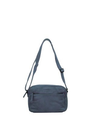 Adjustable blue leather shoulder bag with front zip pocket and main zip closure, designed for everyday use.
