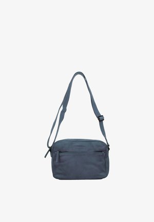 Adjustable blue leather shoulder bag with front zip pocket and main zip closure, designed for everyday use.