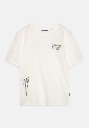 White cotton t-shirt with short sleeves, featuring printed text and graphics in black and light blue. Crew neck design, casual fit.