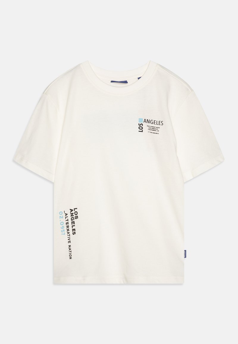 White cotton t-shirt with short sleeves, featuring printed text and graphics in black and light blue. Crew neck design, casual fit.