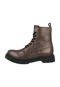 Bottines en cuir marron à lacets avec une finition lisse, bout rond, semelle texturée noire et une languette à l'arrière.