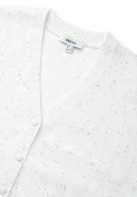 Biała dzianinowa kardigan z małymi srebrnymi cekinami, żebrowanym dekoltem w kształcie V i zapięciem na guziki, oznaczony marką IPEKYOL, w rozmiarze europejskim małym.