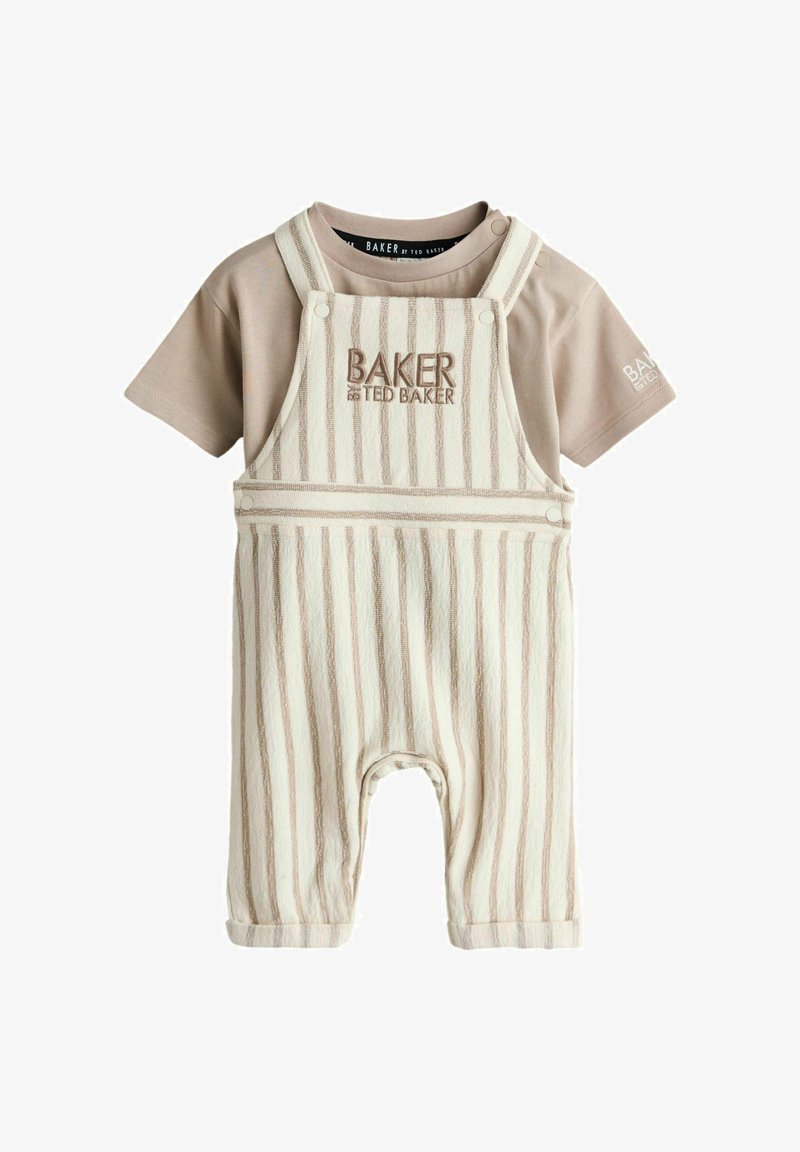 Beeži lühikeste varrukatega bodi, mida täiendab kreemikas-beež triibuline üleõueline kombinesoon, mille rinnal on tikitud „BAKER by TED BAKER".