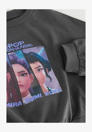 Felpa grigia con stampa grafica di tre personaggi stilizzati con colori vivaci e nomi: Mira, Rumi e Zoey, sul davanti.