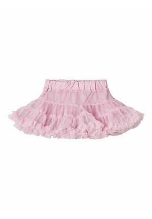 Lyserød todler-nederdel med elastisk taljebånd og lagdelt flæset tylstof, der skaber et fluffy, voluminøst udseende.