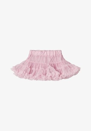 Jupe rose pour tout-petit avec taille élastique et tissu en tulle à volants superposés créant un look duveteux et volumineux.