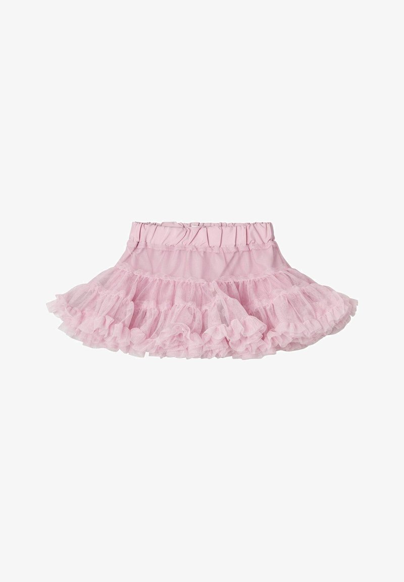 Jupe rose pour tout-petit avec taille élastique et tissu en tulle à volants superposés créant un look duveteux et volumineux.