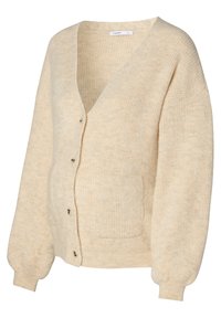 Beige gebreide cardigan met een V-hals, knoopsluiting, twee zakken en ballonmouwen. Gemaakt van zachte, gestructureerde stof. Maat S.