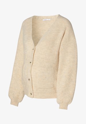 Beige knitted cardigan with a V-neck, button closure, two pockets, and balloon sleeves. Made from soft, textured fabric. Size small.