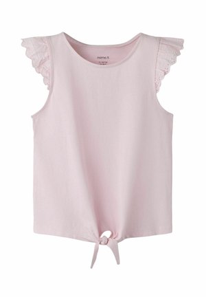 Light pink sleeveless top in soft cotton, featuring lace-trimmed ruffles at the shoulders and a tied knot detail at the hem.
