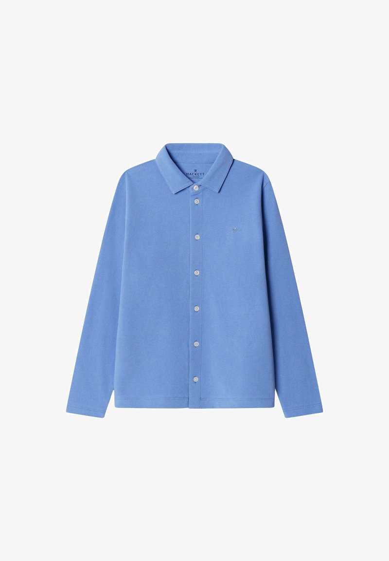 Polo à manches longues, bleu clair, en tissu doux, avec une patte de boutonnage, un col pointu et un petit logo sur la poitrine.