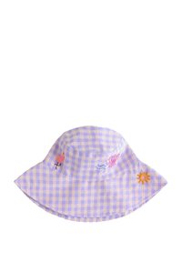 Bucket hatt tillverkad av lavendel- och vit rutig tyg. Har broderade rosa flamingo, snäcka och gul sol-design.
