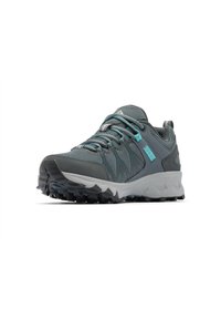 Gray hiking shoe with a textured upper, mesh panels, and teal accents. Features a rugged black outsole for traction and durable construction.