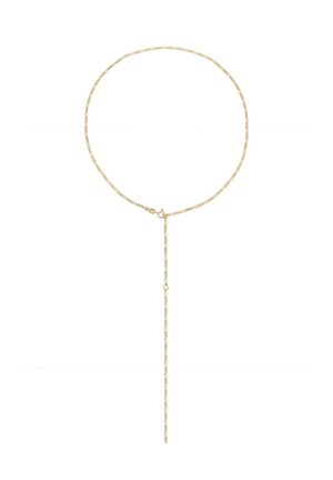 Delicate gold chain necklace with a thin dangling vertical extension and a small clasp closure at the front.