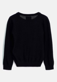 Musta neulepaita, jossa pitkät hihat, pyöreä pääntie sekä resorit hihansuissa ja helmassa. Pehmeä pinta, minimalistinen muotoilu, ei näkyviä kuvioita tai koristeita.