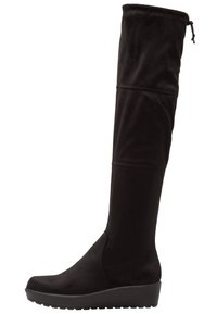 Svarta stövlar med över knäna i mjukt tyg, med rund tå, kilklack och en elastisk topp med en dragsko för justering av passformen.