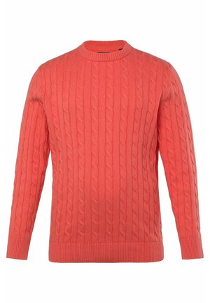 Maglione a maglia coperta color corallo con scollatura rotonda, motivo testurizzato, polsini e orlo a costine, realizzato in un materiale morbido.