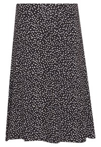 Jupe noire avec un design évasé, ornée d'un motif de petits pois blancs et bleu clair. La texture du tissu semble lisse et légère.