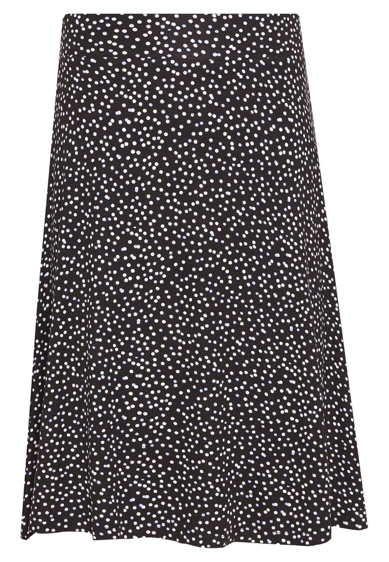 Jupe noire avec un design évasé, ornée d'un motif de petits pois blancs et bleu clair. La texture du tissu semble lisse et légère.