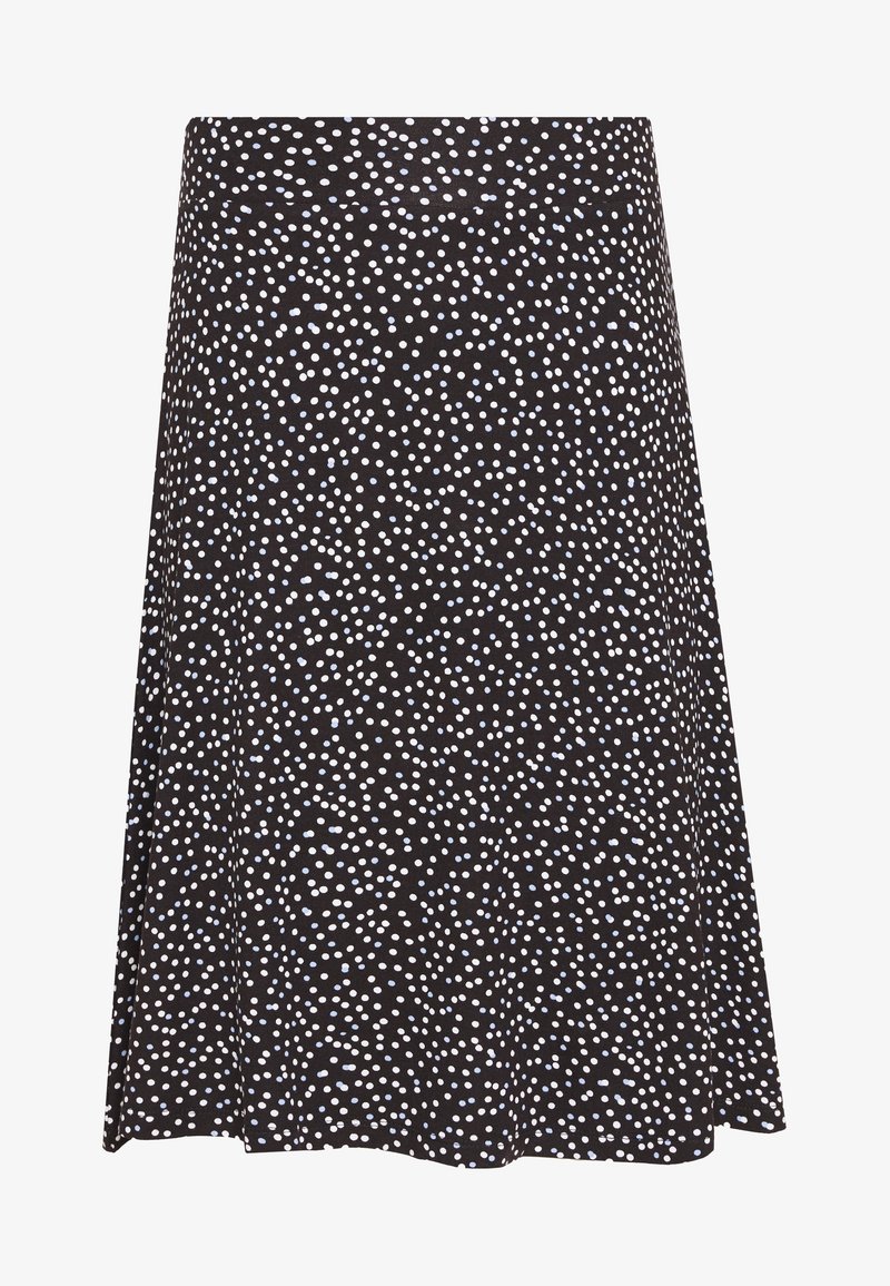 Jupe noire avec un design évasé, ornée d'un motif de petits pois blancs et bleu clair. La texture du tissu semble lisse et légère.