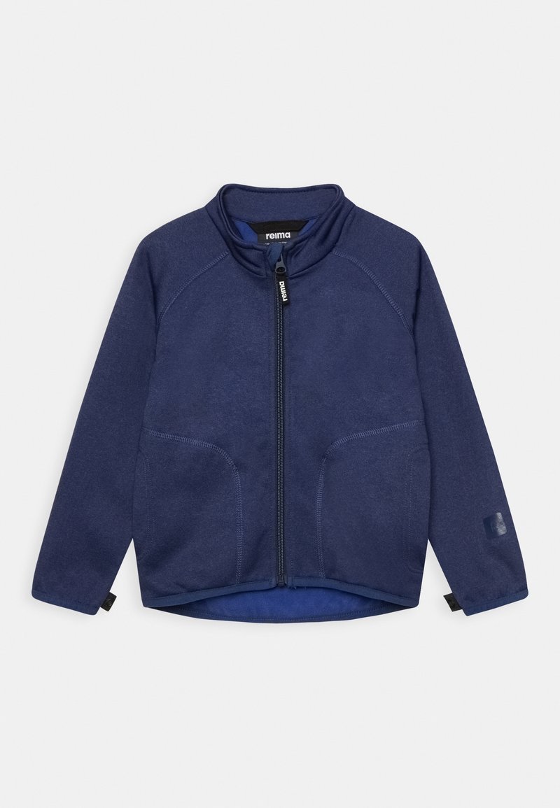 Marinblå zip-up jacka i mjuk, texturerad fleece, med två framfickor, raglanärmar och hög krage.