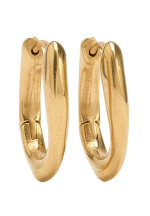 Kolczyki koła z metalu w kolorze złotym o gładkim, zaokrąglonym kształcie i widocznym zapięciu na zawias. Błyszcząca powierzchnia o minimalistycznym stylu.