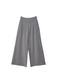 Weit geschnittene Hosen aus hellgrauem Stoff, mit gefaltetem Vorderteil, hoher Taille und Seitentaschen. Glatte Textur mit minimalen Details.