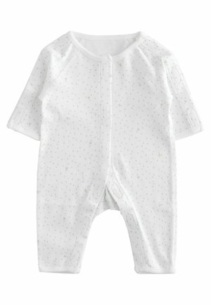 Witte katoenen rompertjes met korte mouwen, voorzien van een subtiel sterrenpatroon en drukknoopsluitingen aan de voorkant en kruis. Zachte textuur.
