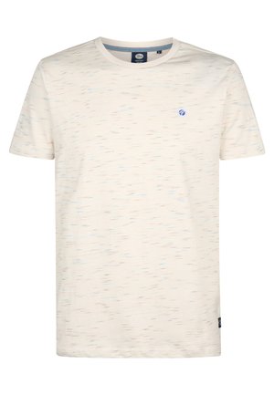 Cremefarbenes T-Shirt mit kurzen Ärmeln, kleinem mehrfarbigem Sprenkelmuster, Rundhalsausschnitt und kleinem blauem runden Logo auf der linken Brust.