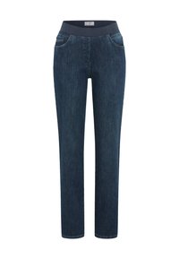 Pantaloni in denim blu scuro con cintura elastica, design a gamba dritta e due tasche frontali. Il tessuto ha una texture liscia e morbida.