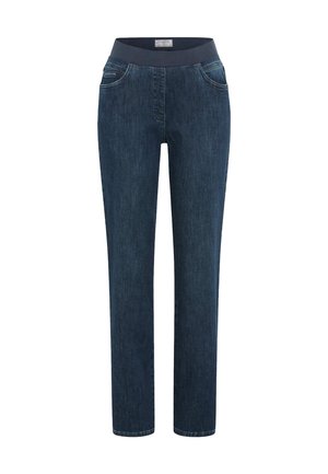 Donkerblauwe denim broek met een elastische tailleband, rechte pijpen en twee voorzakken. De stof heeft een soepele, zachte textuur.