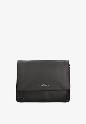 Black leather messenger bag with a smooth texture, fold-over flap, and silver hardware. Features the brand name "RICHMOND" in white lettering.