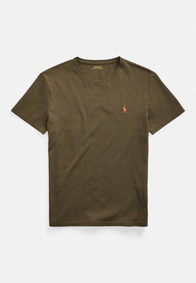 Olive green cotton t-shirt with a round neckline and short sleeves. Features a small embroidered logo on the left chest. Soft texture.
