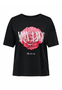 Zwart katoenen t-shirt met een rood rozenontwerp en de tekst "MON ANGE" en "Mijn andere helft" in het wit eronder. Korte mouwen, losse pasvorm.