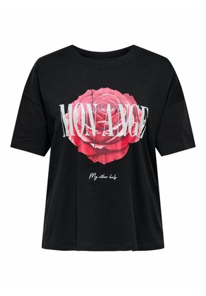 Sort bomulds t-shirt med et rødt rosegrafik og teksten "MON ANGE" samt "My other half" i hvid under. Korte ærmer, løs pasform.