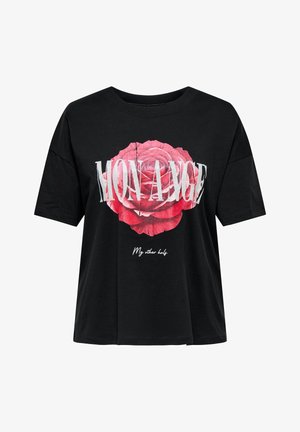 Czarny bawełniany t-shirt z grafiką czerwonej róży, z napisem "MON ANGE" i "My other half" na białym tle poniżej. Krótkie rękawy, luźny krój.