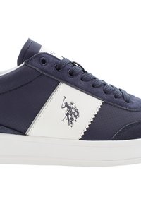 Mörkblåa lädersneakers med vita läderdetaljer, präglad logotyp, tonalt stickat och runda snören med en strukturerad gummisula.