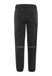 Pantalons étanches noirs avec une coupe droite, dotés de bandes réfléchissantes sur le bas des jambes et d'une poche latérale pour le rangement.