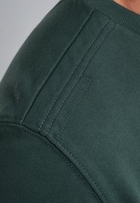 Mørkegrøn sweatshirt med glat tekstur, der har ribbet krave og syninger på skulderen. Ingen synlige logoer eller mønstre.