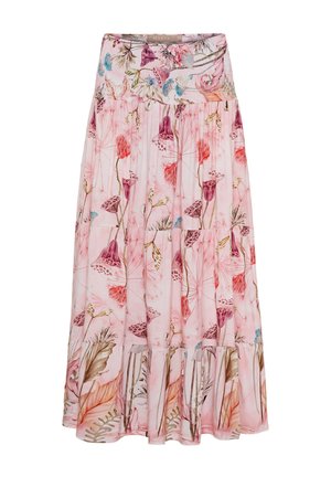 Rosa tierskørt maxi med blomster- og bladmotiv i nuancer af rød, lilla, blå og beige på letvægtsstof.