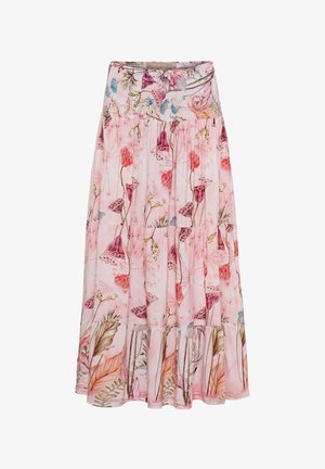 Rosa tierskørt maxi med blomster- og bladmotiv i nuancer af rød, lilla, blå og beige på letvægtsstof.