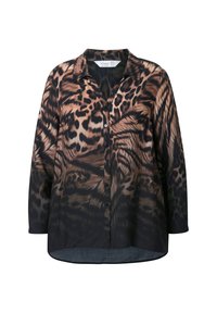 Blusa con bottoni caratterizzata da un design a stampa animale in nero e marrone, realizzata in tessuto leggero, con maniche lunghe e orlo curvo.