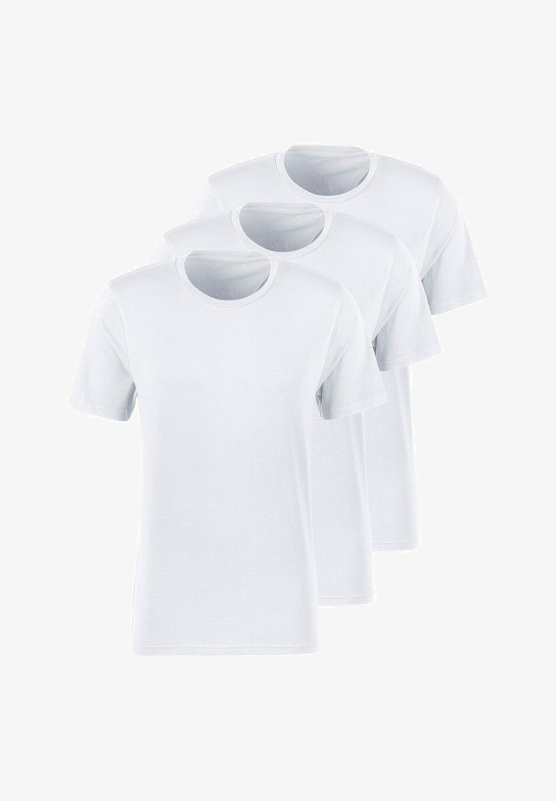Three plain white t-shirts made of cotton. Short sleeves, round necklines, and a smooth texture. No patterns or logos are visible.
