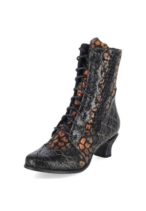 Zwartbruine veterschoenen tot aan de enkel met een gemengde dierenprint en gestructureerde patronen, voorzien van een lage, gebogen hak en een puntige neus.