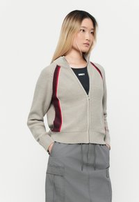 Lichtgrijze ritsvest met hoge kraag, voorzien van maroon en rode zijstrepen. De gebreide textuur past goed bij een casual stijl.