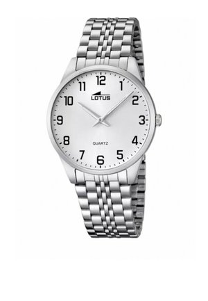 Orologio da polso in acciaio inossidabile argentato con quadrante bianco, indicatori delle ore neri e movimento al quarzo. Presenta un design a bracciale con maglie.